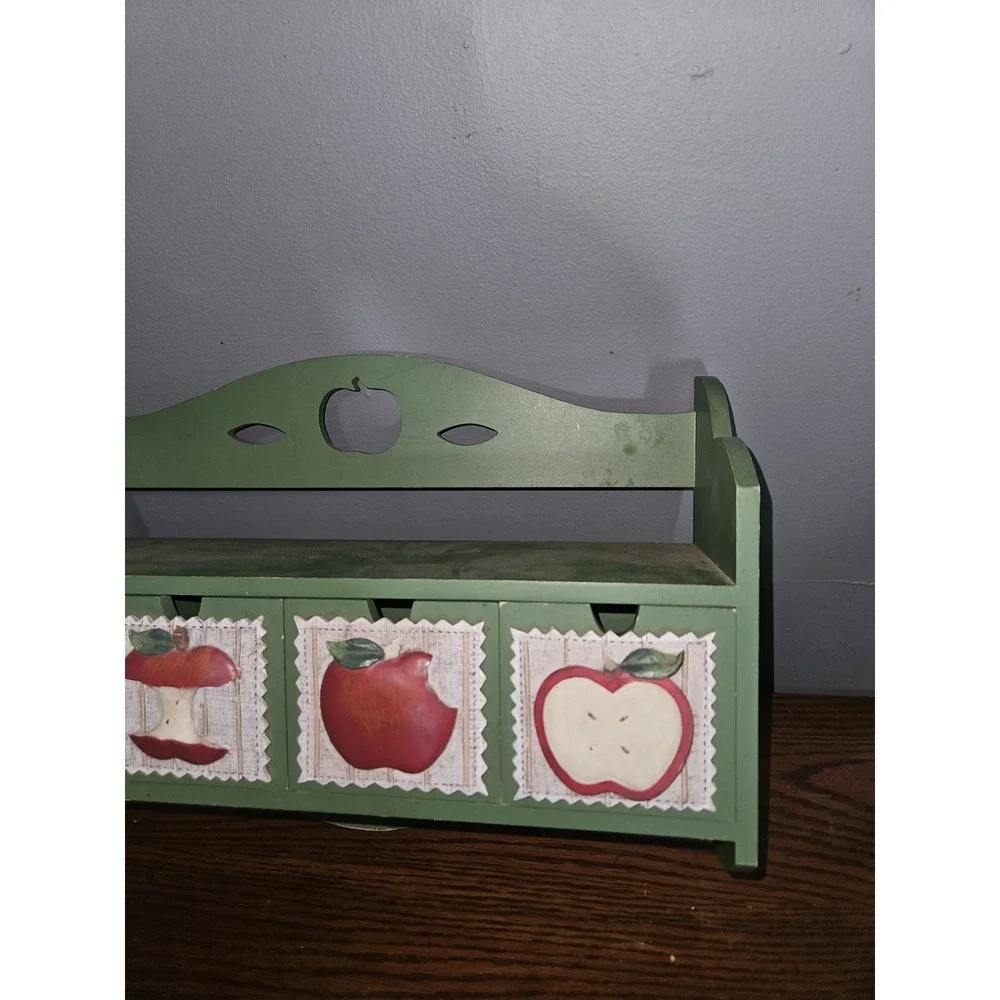 Vintage Wood Wall Shelf Apple Decor Country Kitchen Organizer Drawer